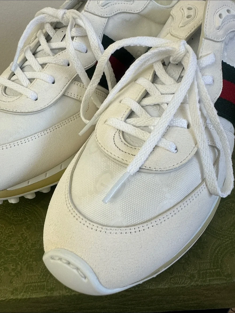 White Gucci Sneakers with Green & Red Stripe
